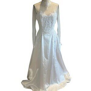 Bridal Originals White Satin Embroidered Beaded Wedding Gown